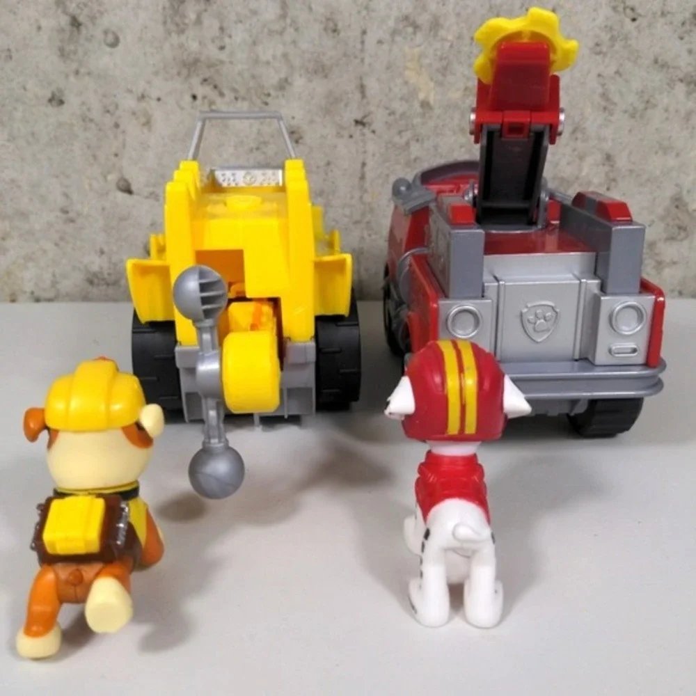 Paw Patrol Dino Rescue Marshall Fire Truck Rubble Deluxe Bulldozer Toy Lot 2 Pup